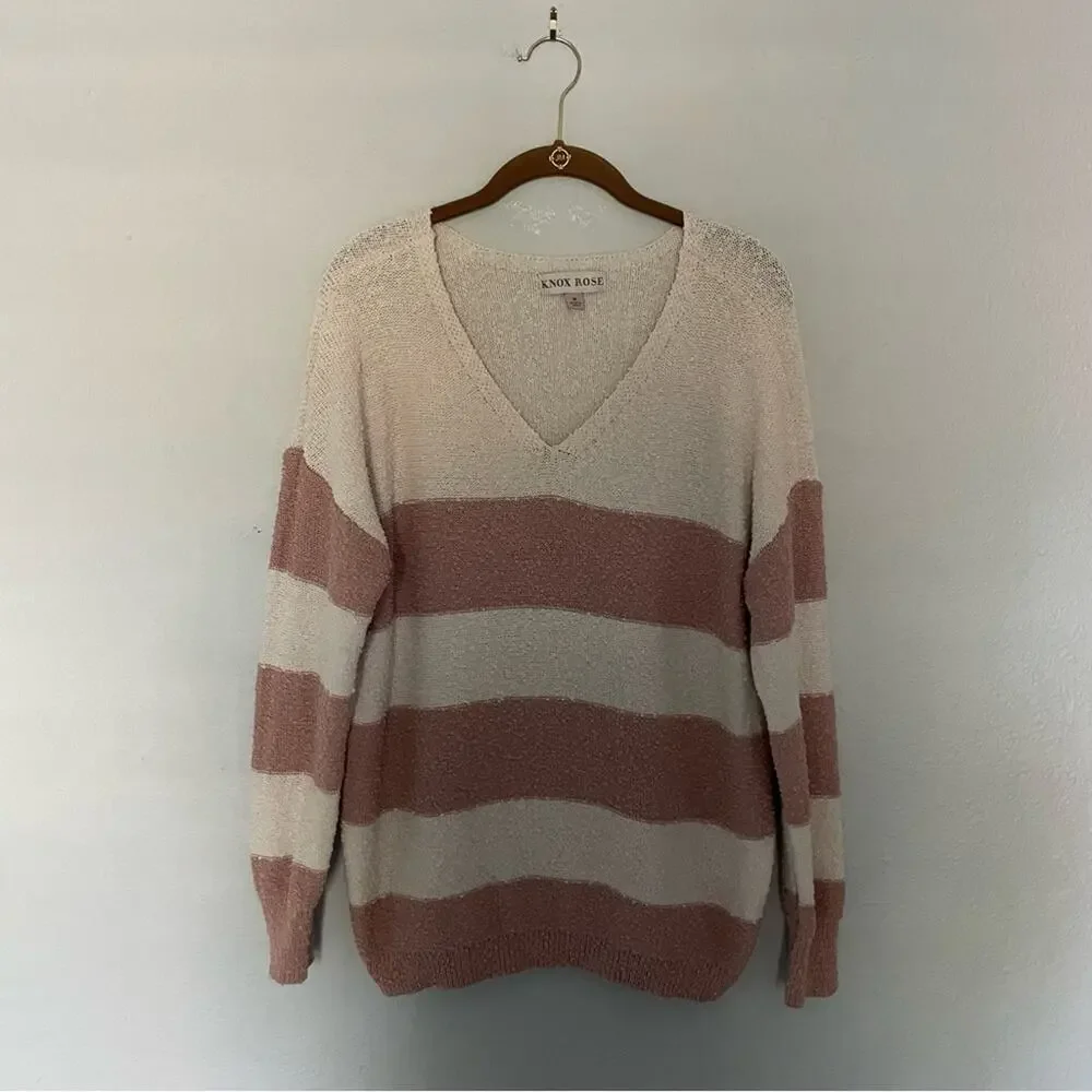 Cream & Blush Striped V Neck Sweater